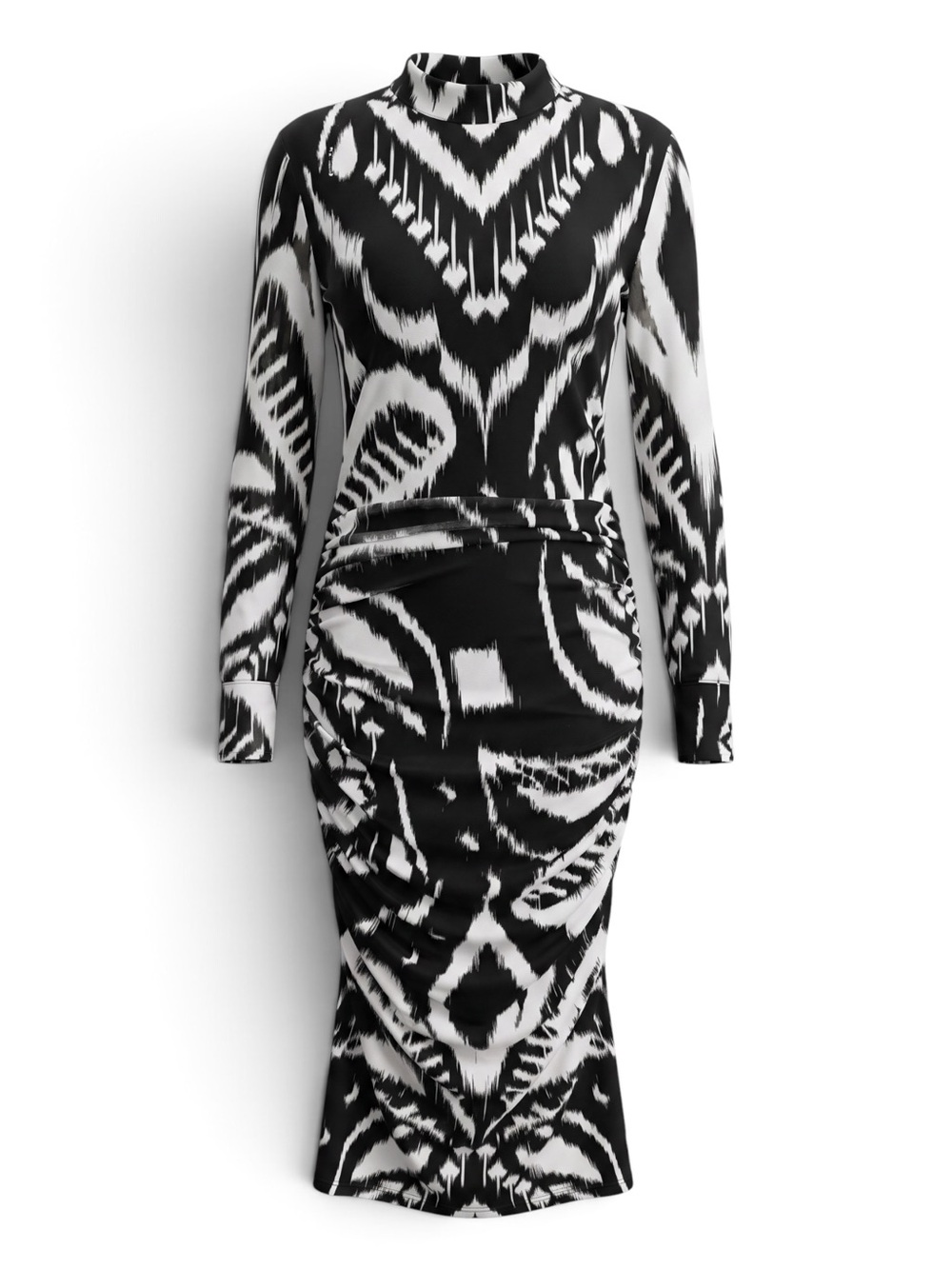 NWT Farm Rio Ikat Chevron Long Sleeve Mock Neck Ruched Mesh Midi Dress Black M